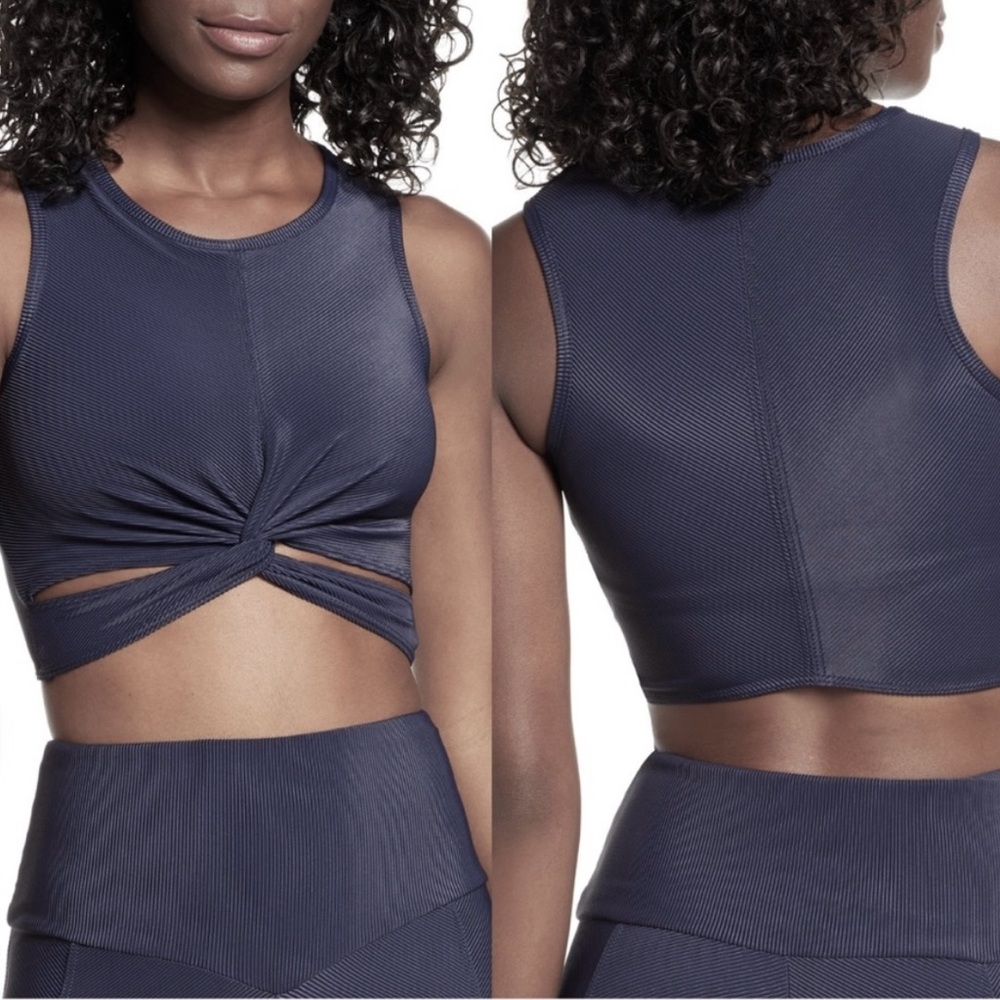 Onzie Ribbed Twist Front Crop Top Tank in Grey